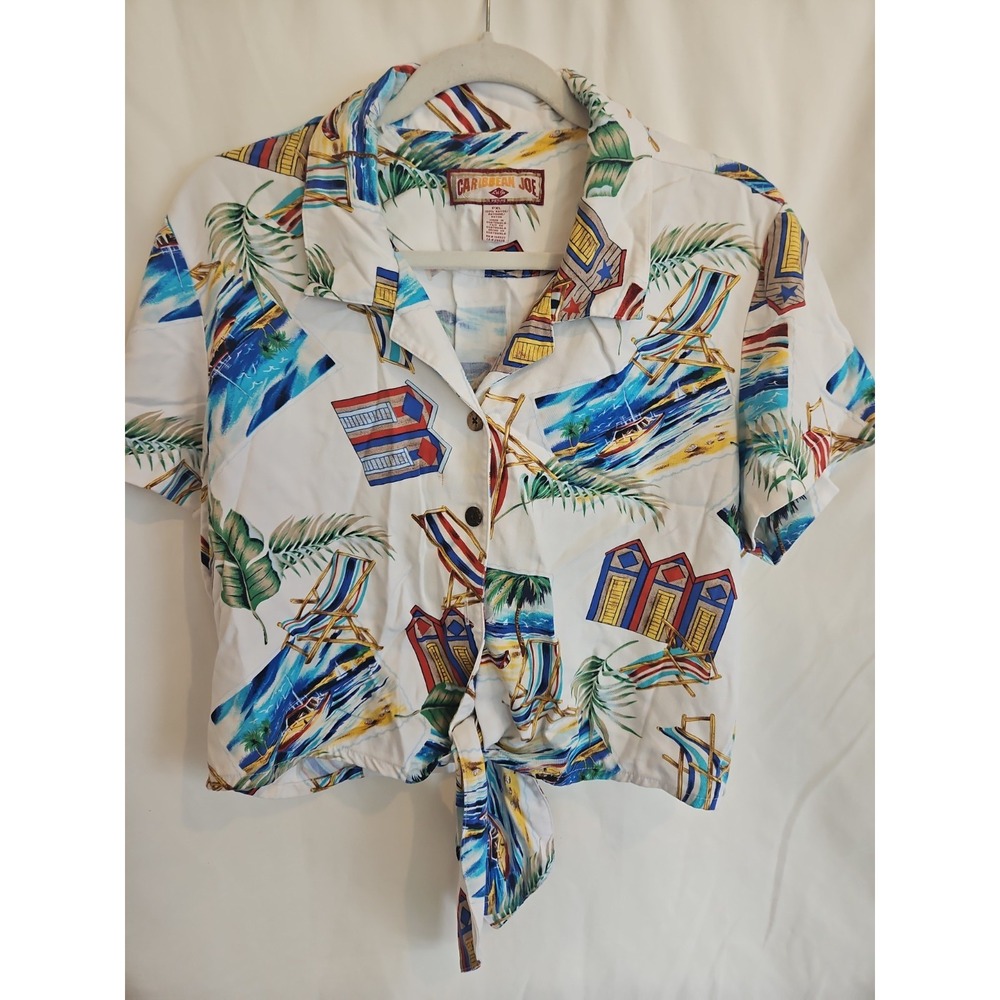 Caribbean Joe Blouse Womens P2XL Multicolor Excellent Tropical Beach Tie Front